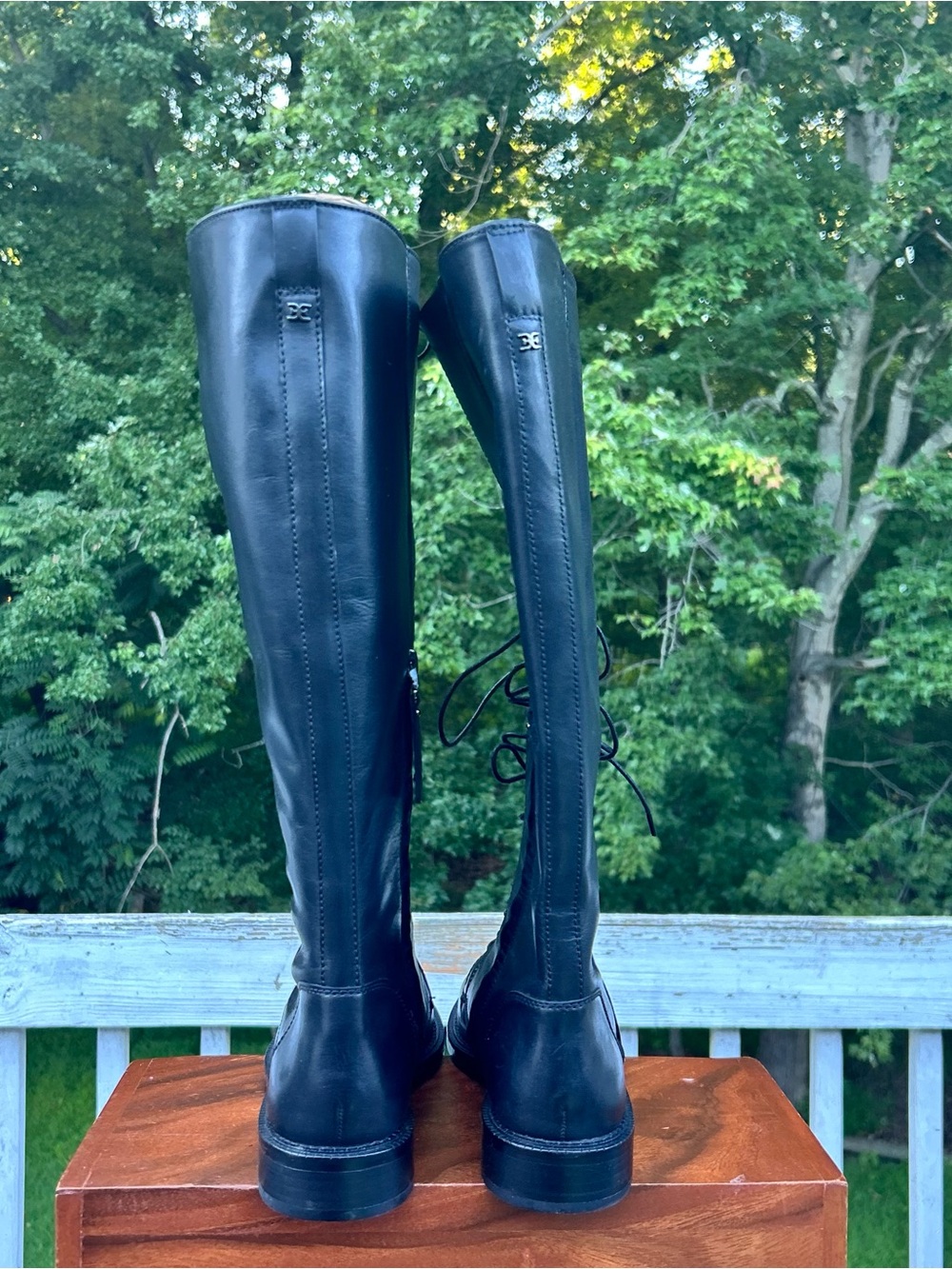 Sam Edelman Nance Black Lace Up Rounded Toe Stacked Heel Leather Knee Boots 9M - Picture 6 of 8